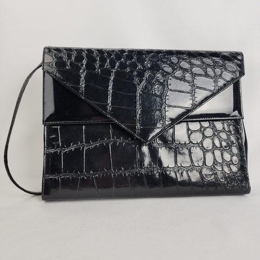 Vintage Black Croc-Embossed Leather Envelope Clutch Purse