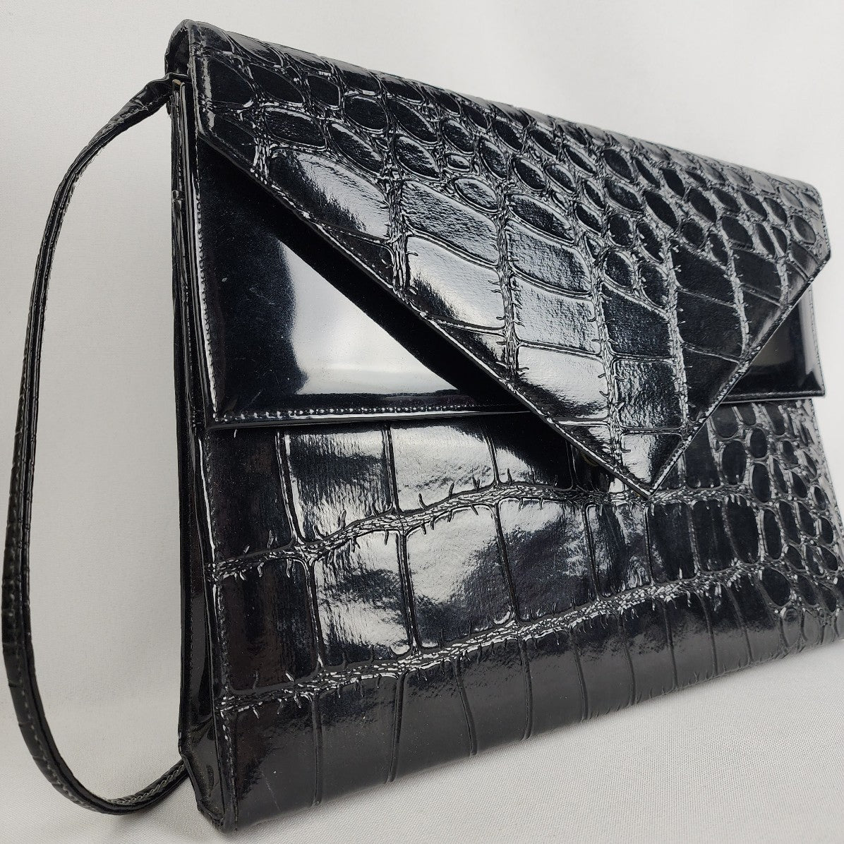 Vintage Black Croc-Embossed Leather Envelope Clutch Purse