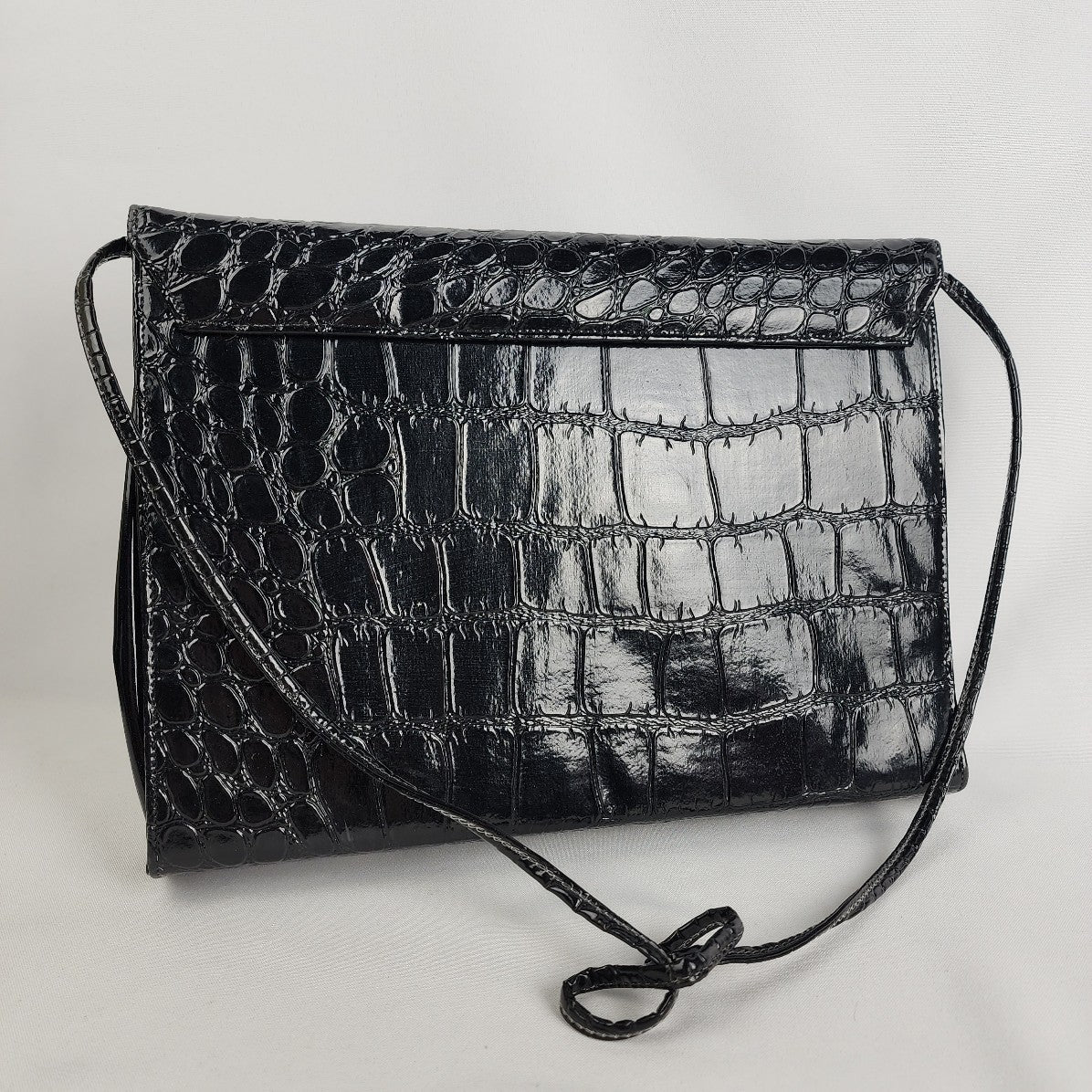 Vintage Black Croc-Embossed Leather Envelope Clutch Purse