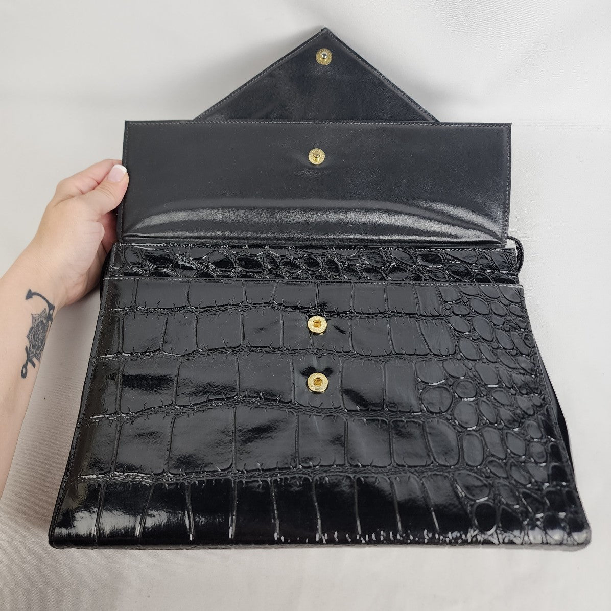 Vintage Black Croc-Embossed Leather Envelope Clutch Purse