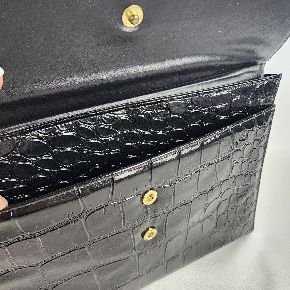 Vintage Black Croc-Embossed Leather Envelope Clutch Purse