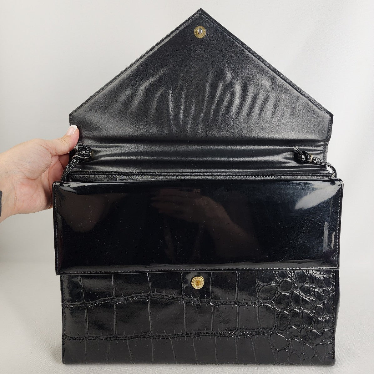 Vintage Black Croc-Embossed Leather Envelope Clutch Purse