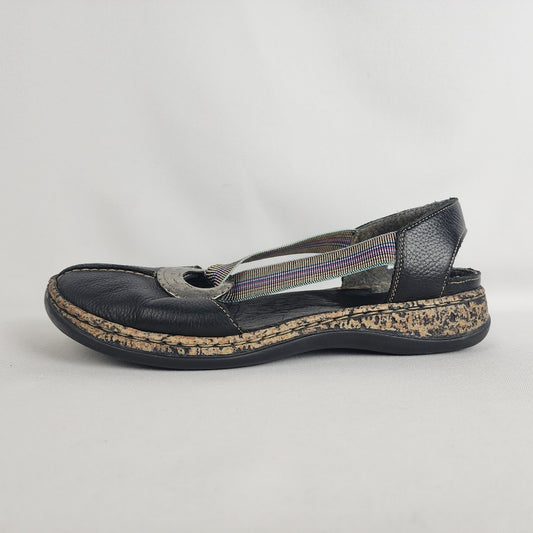 Rieker Black Leather Elastic Strap Comfort Shoes, Size 8