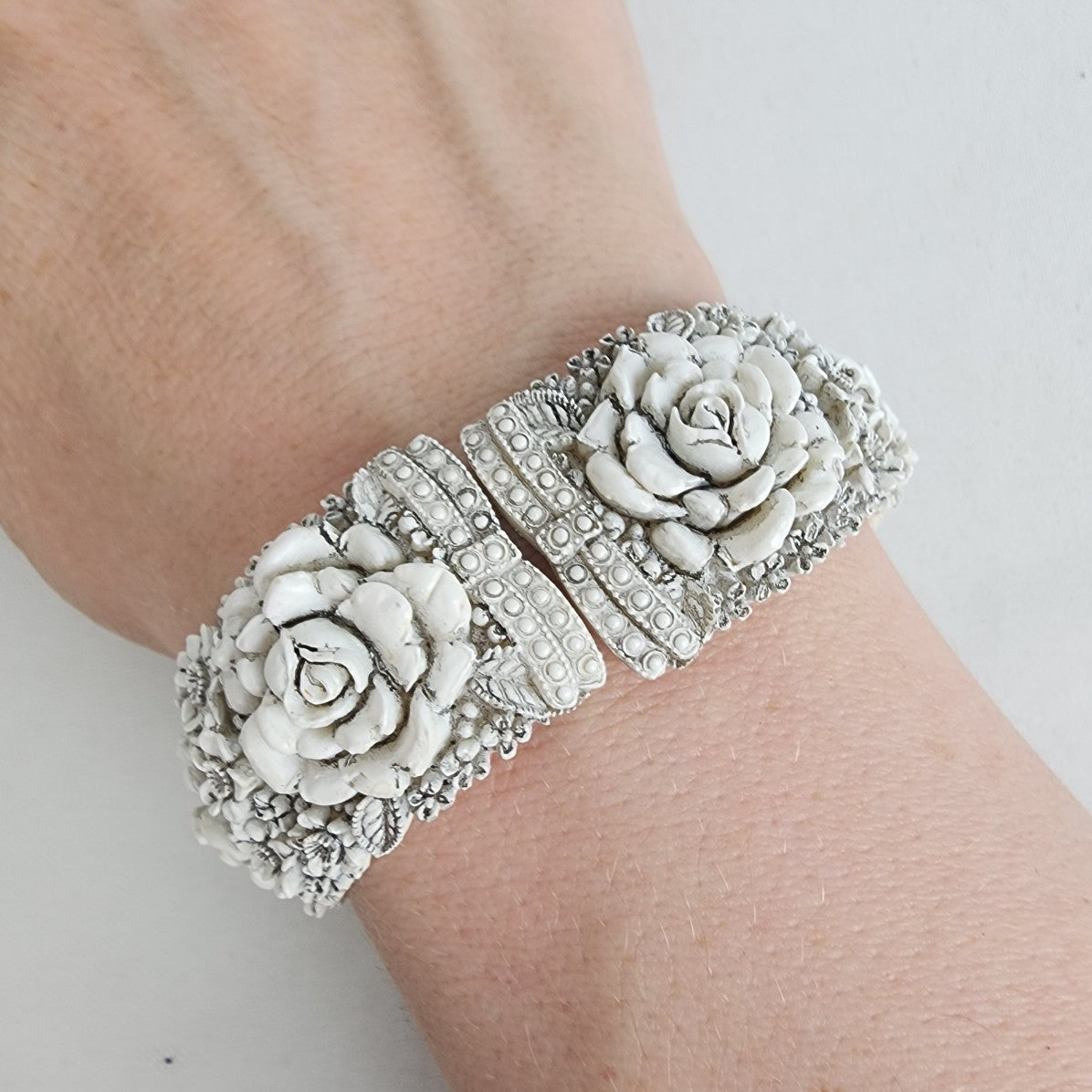 Vintage Carved White Floral Statement Hinge Bracelet