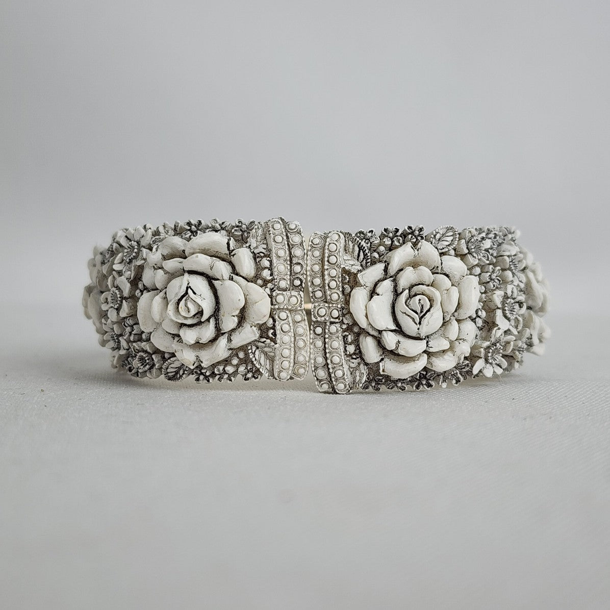 Vintage Carved White Floral Statement Hinge Bracelet