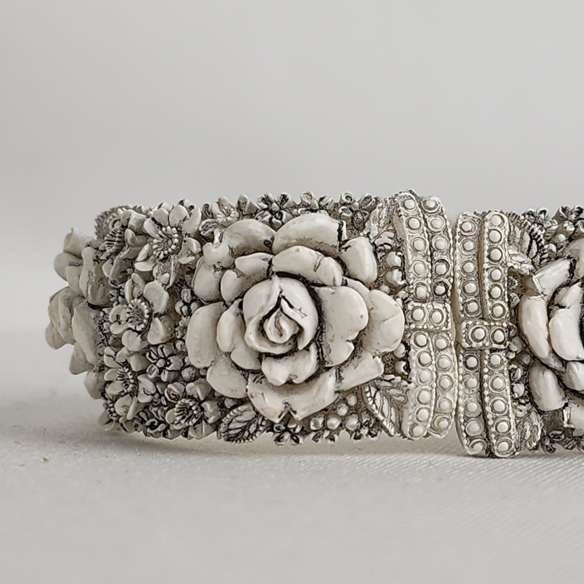 Vintage Carved White Floral Statement Hinge Bracelet