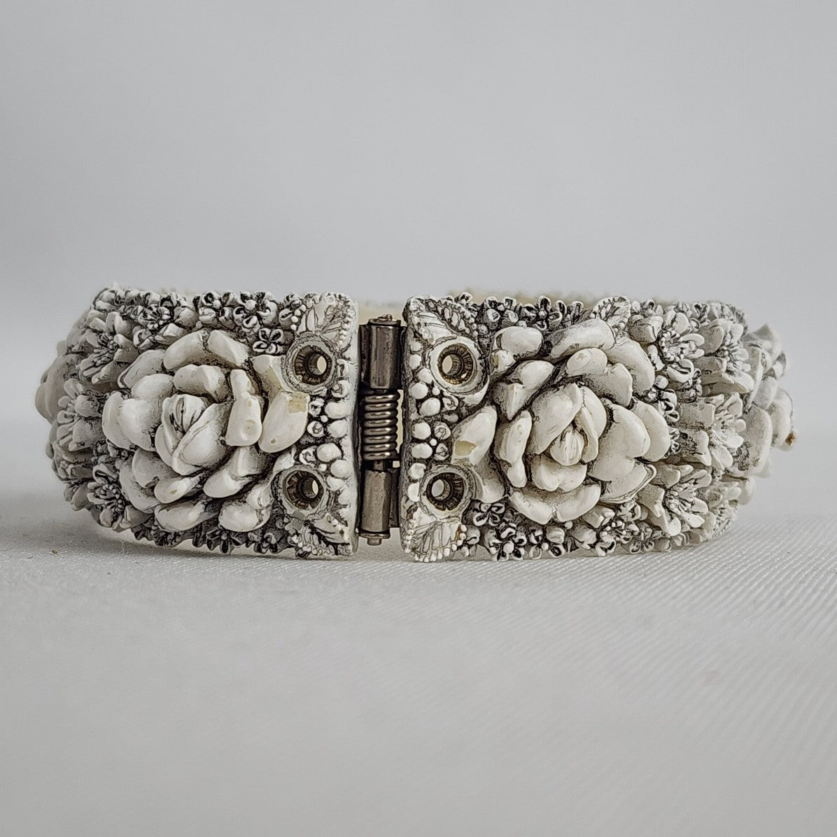 Vintage Carved White Floral Statement Hinge Bracelet