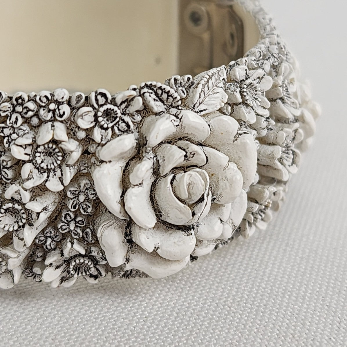 Vintage Carved White Floral Statement Hinge Bracelet