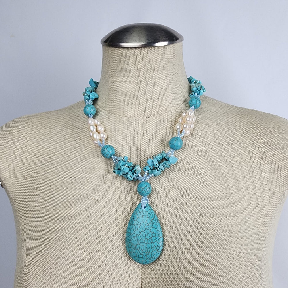 Turquoise and Pearl Statement Necklace with Large Teardrop Pendant