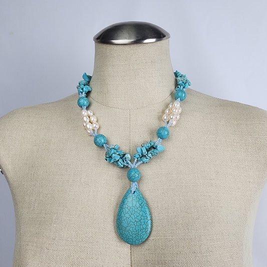 Turquoise and Pearl Statement Necklace with Large Teardrop Pendant