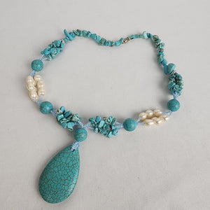 Turquoise and Pearl Statement Necklace with Large Teardrop Pendant