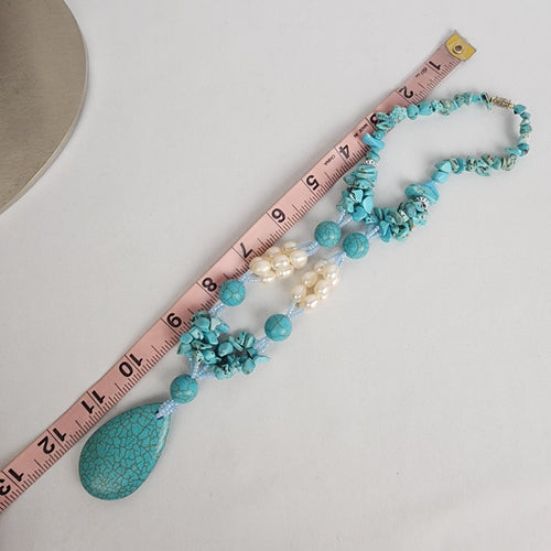 Turquoise and Pearl Statement Necklace with Large Teardrop Pendant