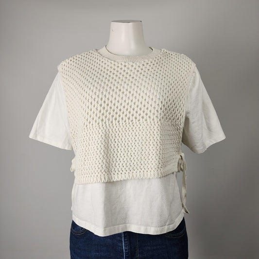 Zara White Crochet Overlay Short Sleeve T-shirt Size M/L