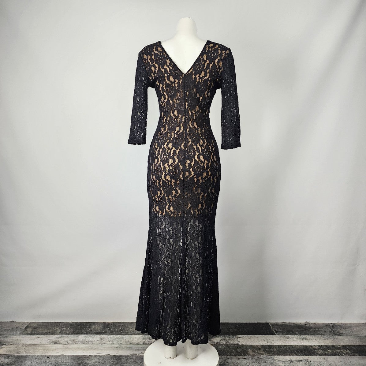 Venus Black Lace Plunging Neckline Maxi Event Dress Size 6