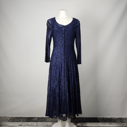 Vintage 90s Jessanan Navy Blue Lace Button Up Midi Dress Size S