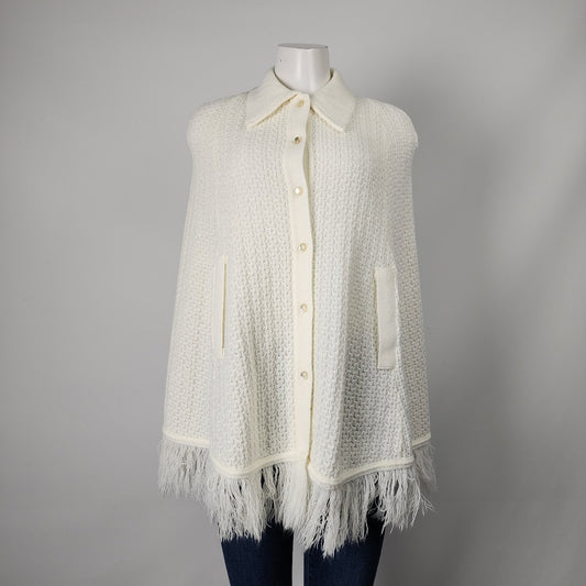 Vintage 70’s Button Down White Fringe Poncho Sweater Cape