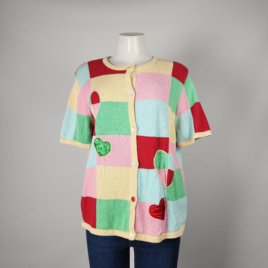 Vintage Breckenridge Red Heart Color Block Short Sleeve Cardigan Size L