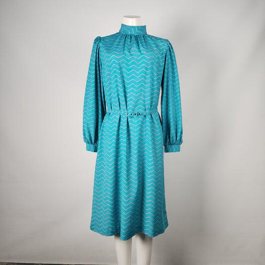Vintage Marjorie Hamilton Blue Zig Zag High Neck Belted Dress Size 16