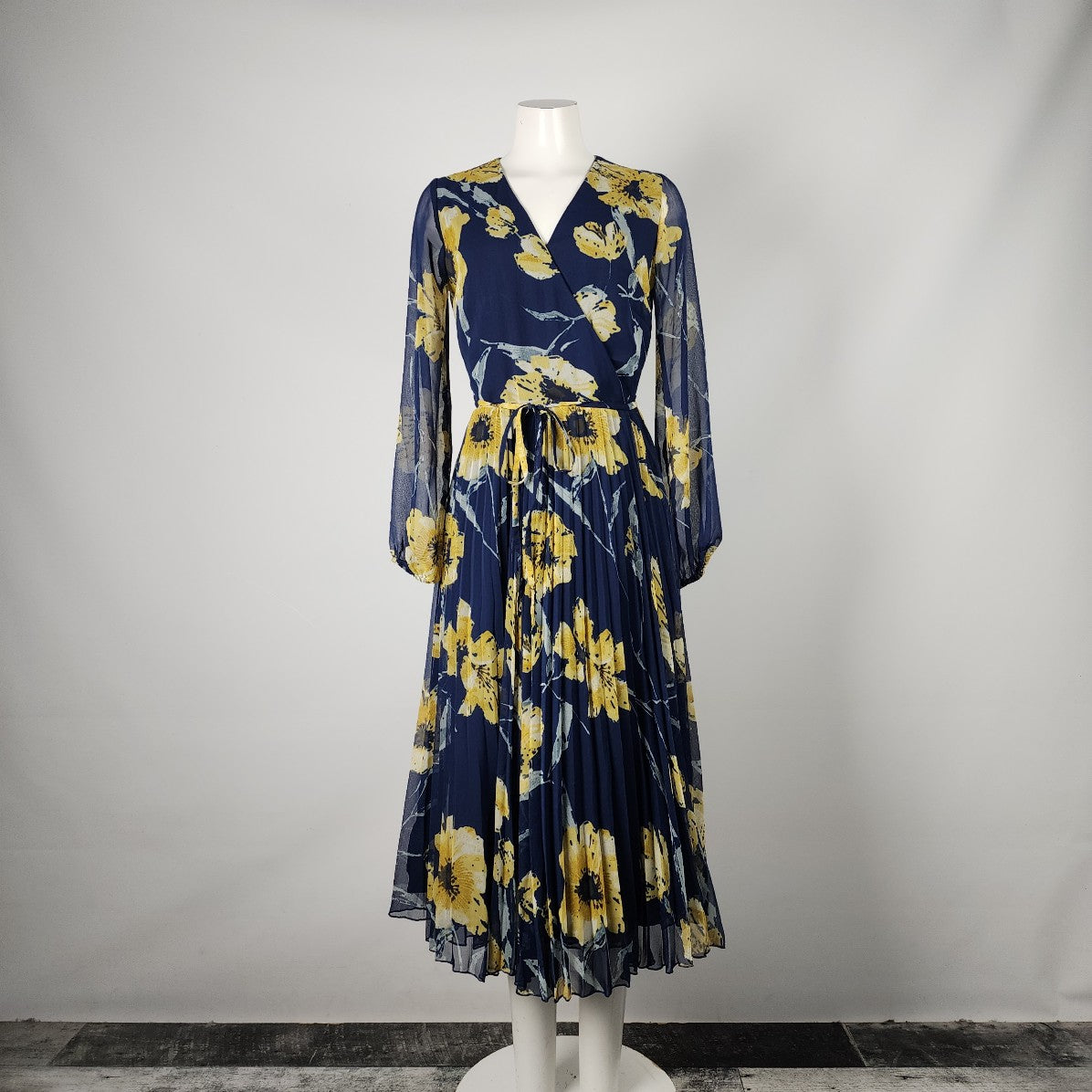 Minkas Blue & Yellow Floral V-Neck Midi Dress Size S