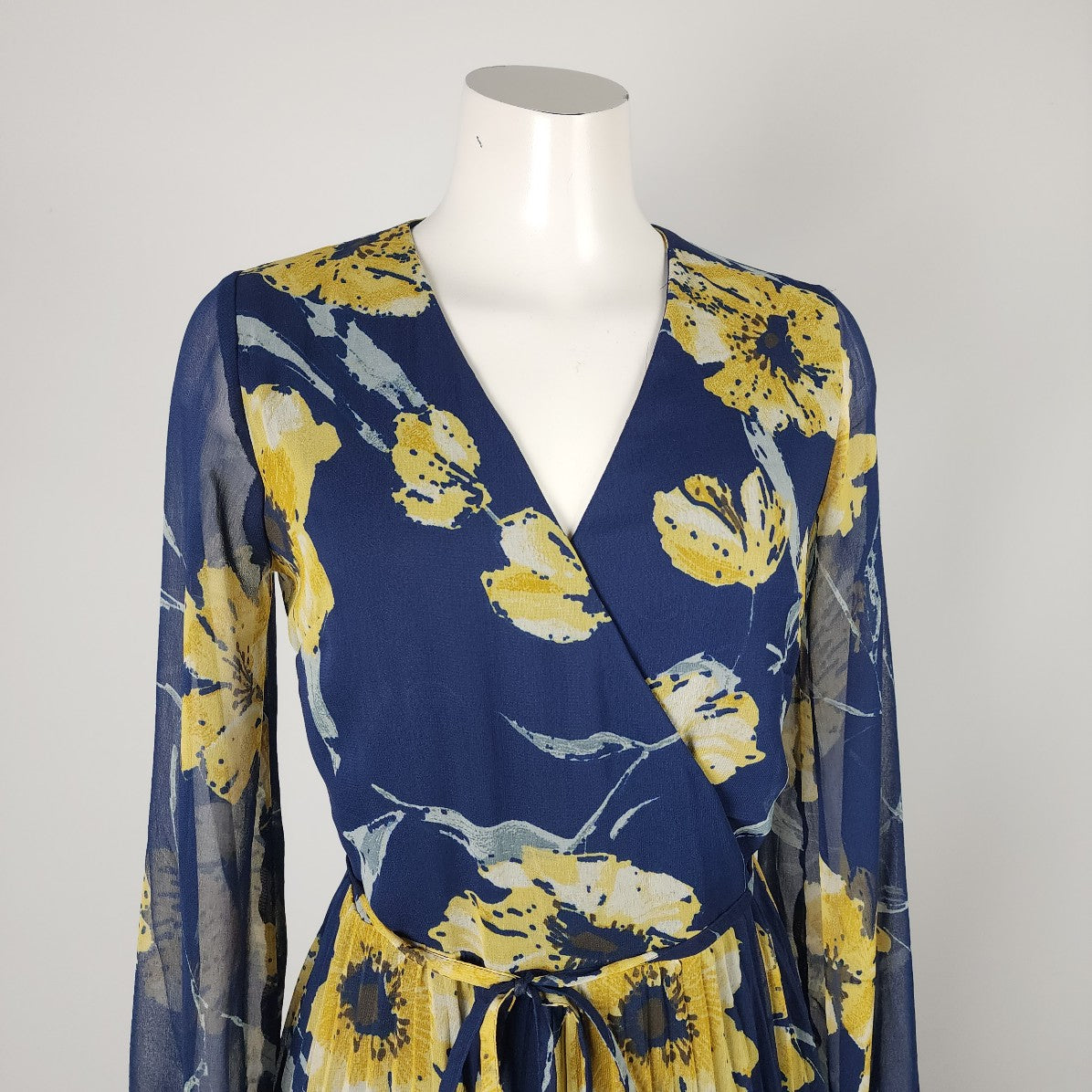 Minkas Blue & Yellow Floral V-Neck Midi Dress Size S