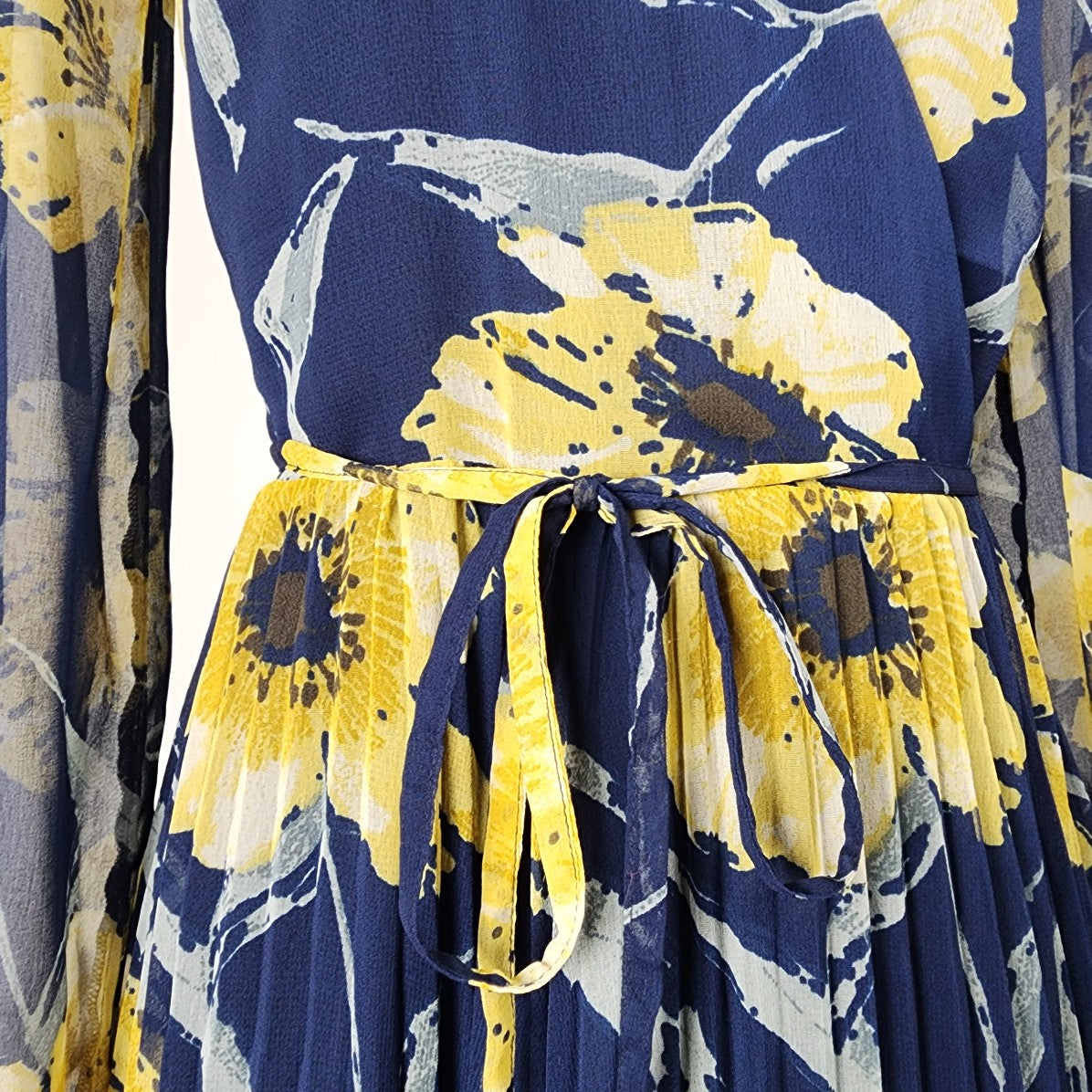 Minkas Blue & Yellow Floral V-Neck Midi Dress Size S