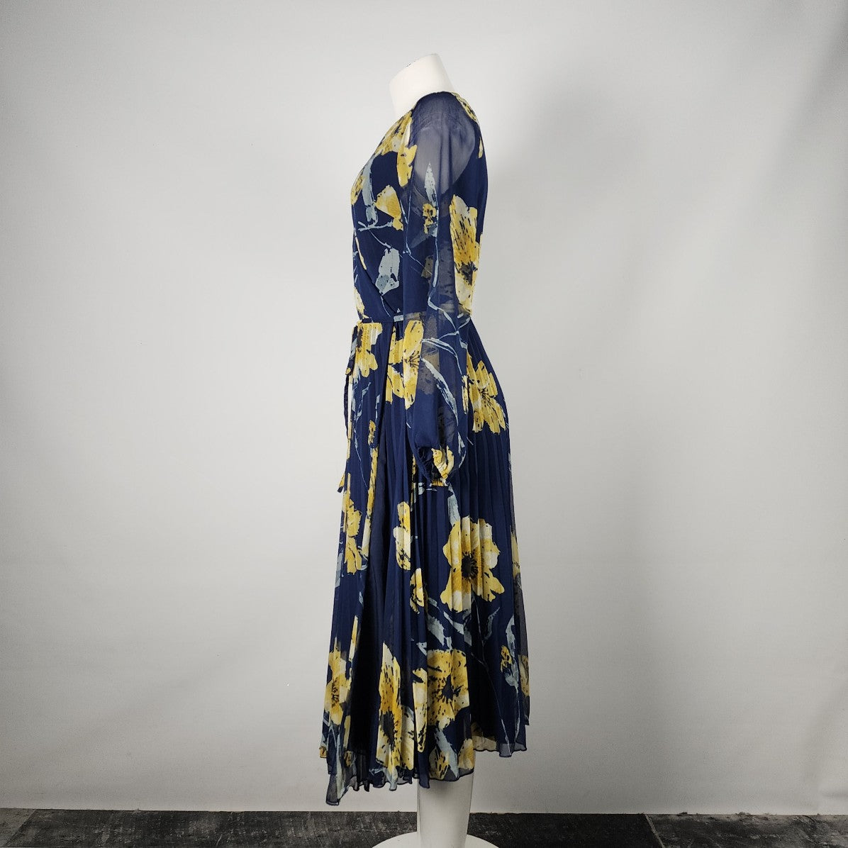 Minkas Blue & Yellow Floral V-Neck Midi Dress Size S