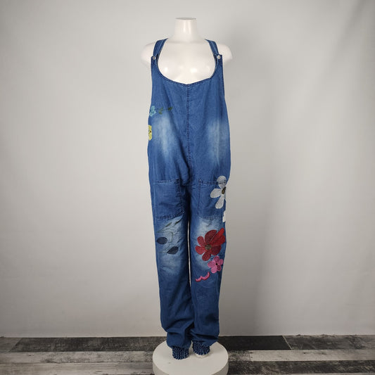 Floral embroidered Chambray Denim Overalls Size L