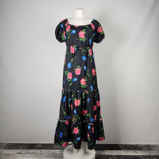 Vintage Georgie Girl Black Floral Maxi Dress Size L