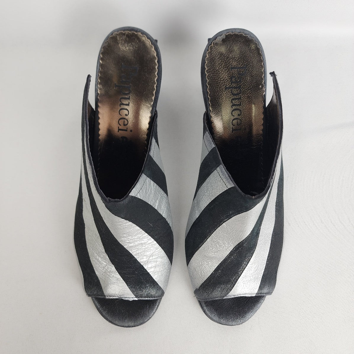 Papucei Black Striped Leather Stacked Heel Mule Shoe Size 9.5