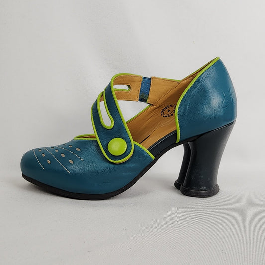 John Fluevog Allure Asymmetrical Mary Jane Teal Leather Heeled Shoes Size 6