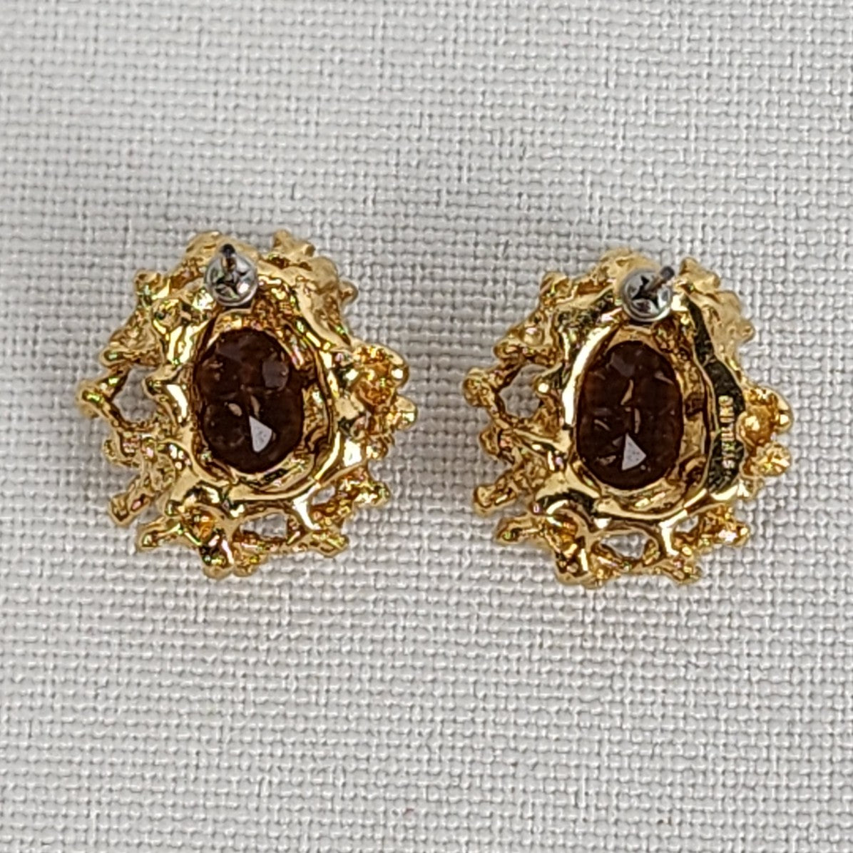 Vintage Sterling Gold Tone Brown Faceted Stud Earrings