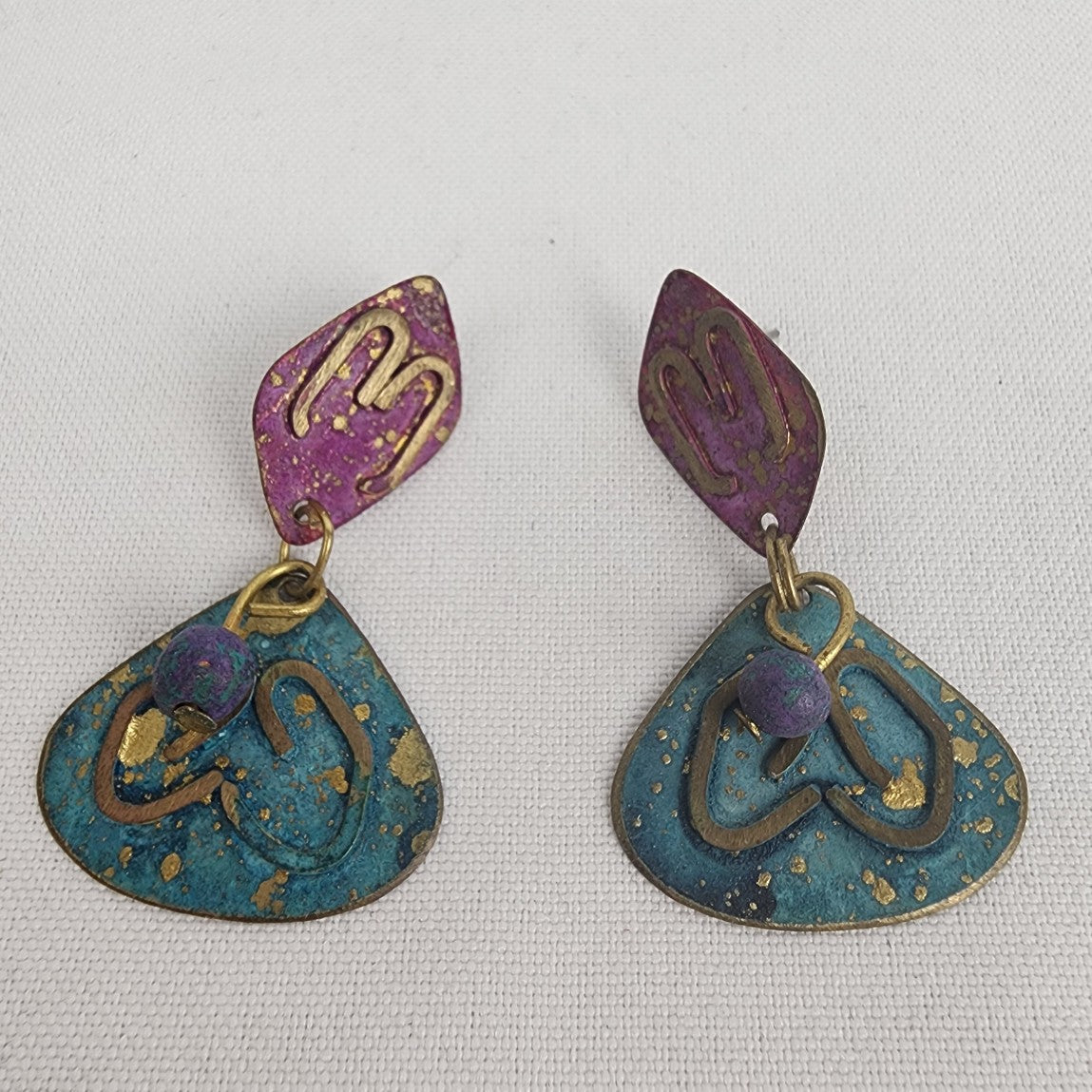 Vintage 80s Purple & Blue Metal Drop Earrings