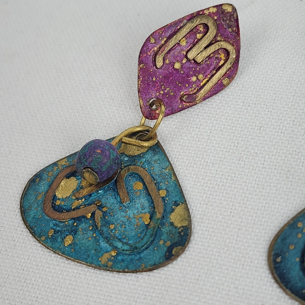 Vintage 80s Purple & Blue Metal Drop Earrings