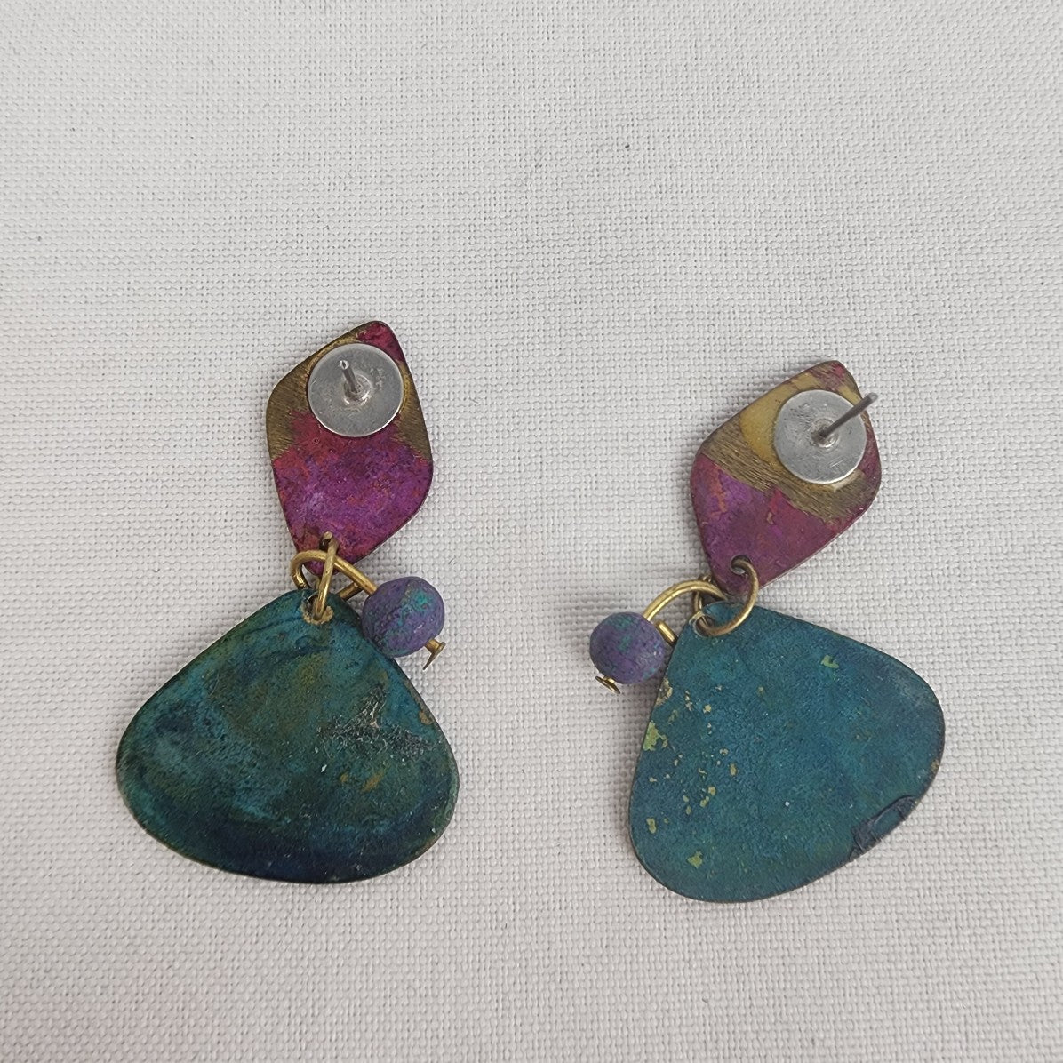 Vintage 80s Purple & Blue Metal Drop Earrings