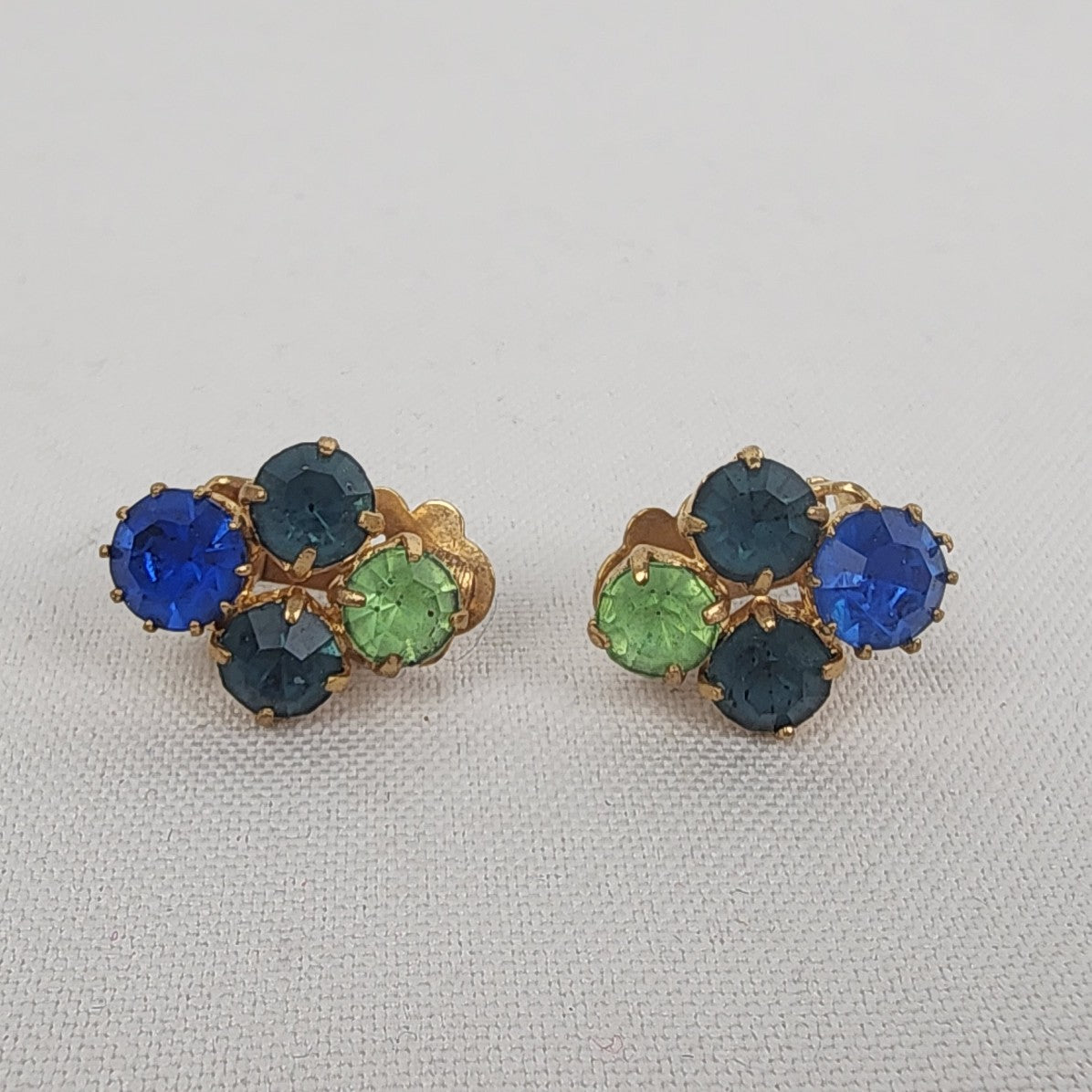 Vintage Gold Tone Blue & Green Crystal Clip On Earrings