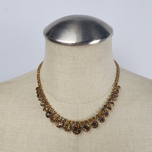 Vintage Gold Tone Brown Crystal Rhinestone Necklace