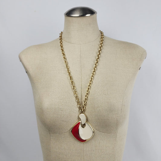 Vintage Korea Gold Tone Red Pendant Long Chain Necklace