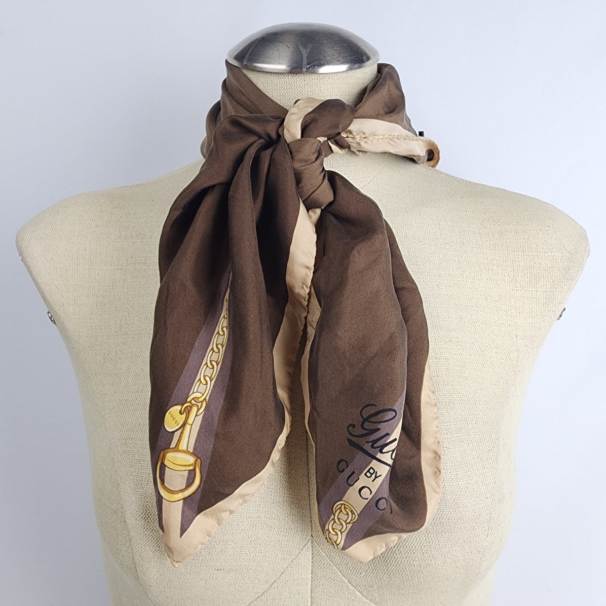 Gucci Square Silk Gold and Brown Chain Print Scarf