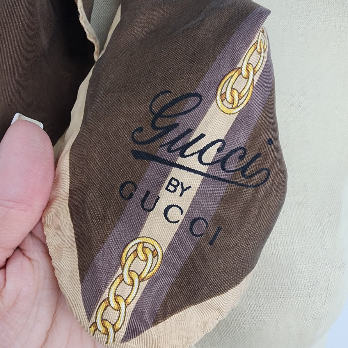 Gucci Square Silk Gold and Brown Chain Print Scarf