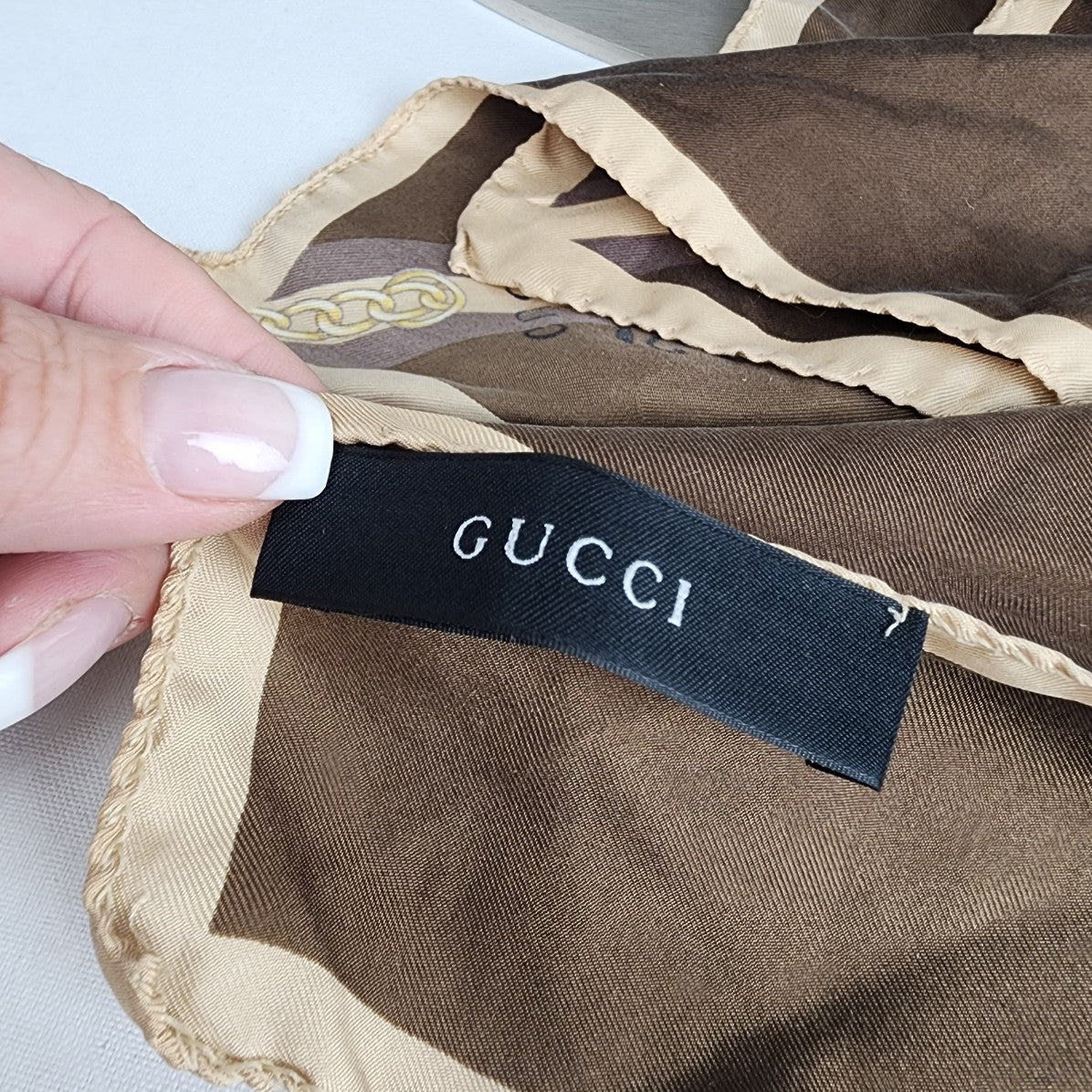 Gucci Square Silk Gold and Brown Chain Print Scarf