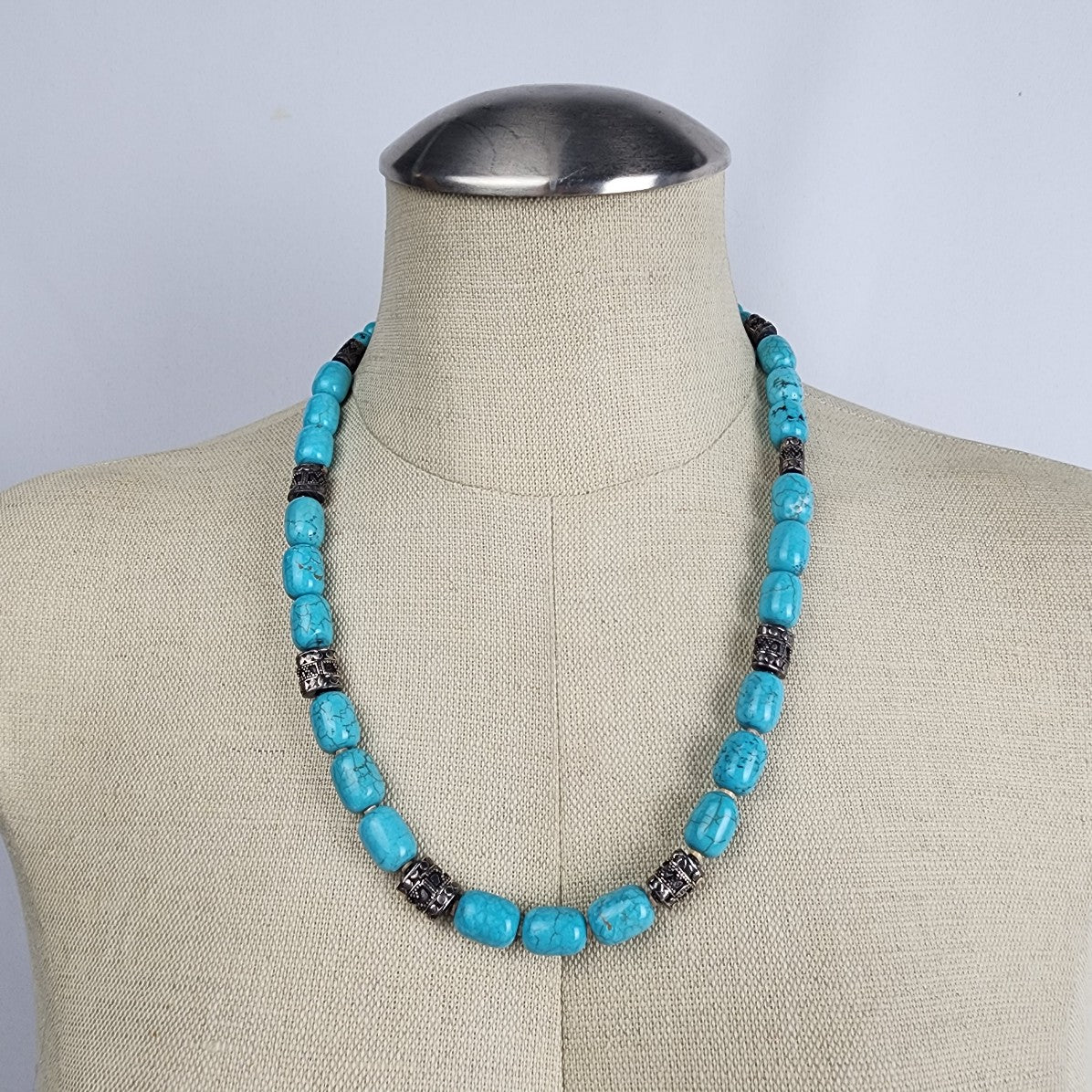 Faux Turquoise & Silver Beaded Necklace