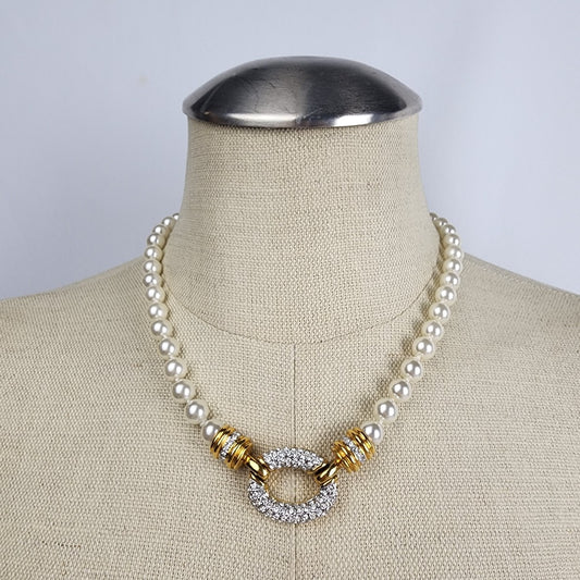 Vintage Faux Pearl Crystal Pendant Necklace