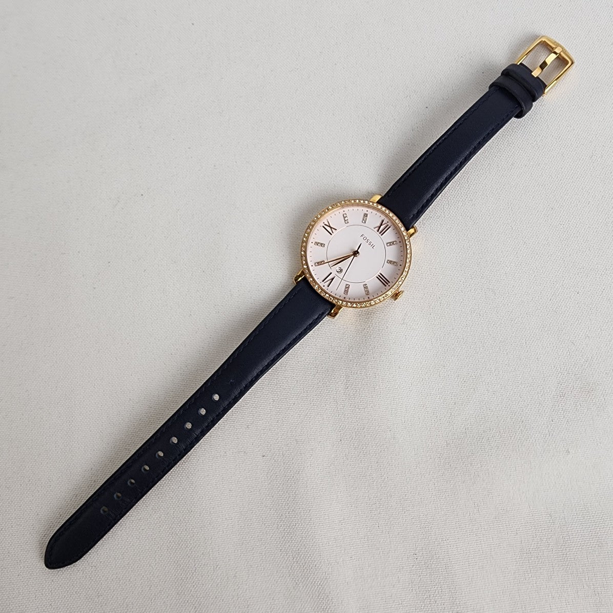 Fossil Navy Blue Leather Band Gold Tone Watch