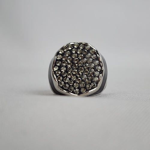 FAC Black & Silver Rhinestone Studded Ring Size 7