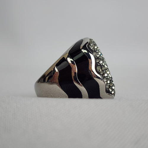 FAC Black & Silver Rhinestone Studded Ring Size 7