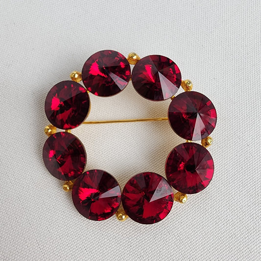 Vintage Gold Tone Red Stone Round Brooch