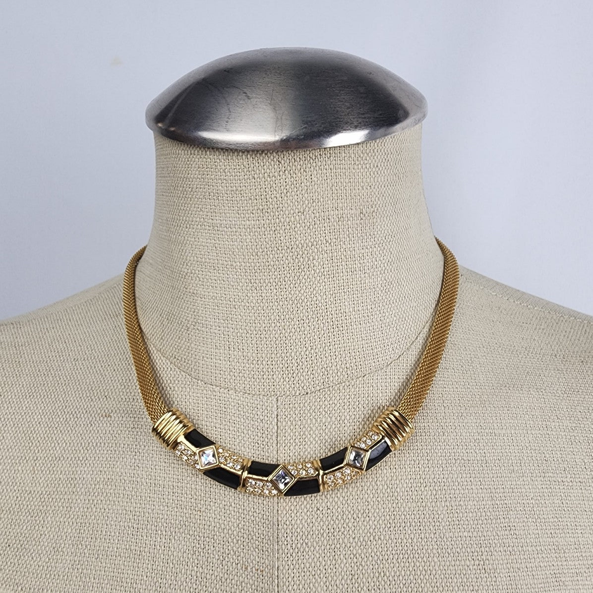 Vintage 80s Swarovski Gold Tone Black Enamel & Crystal Necklace