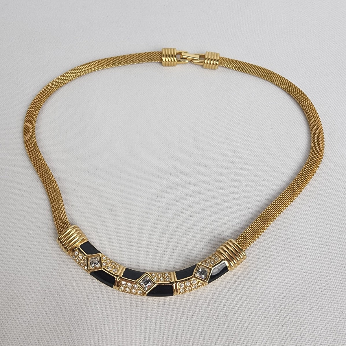 Vintage 80s Swarovski Gold Tone Black Enamel & Crystal Necklace