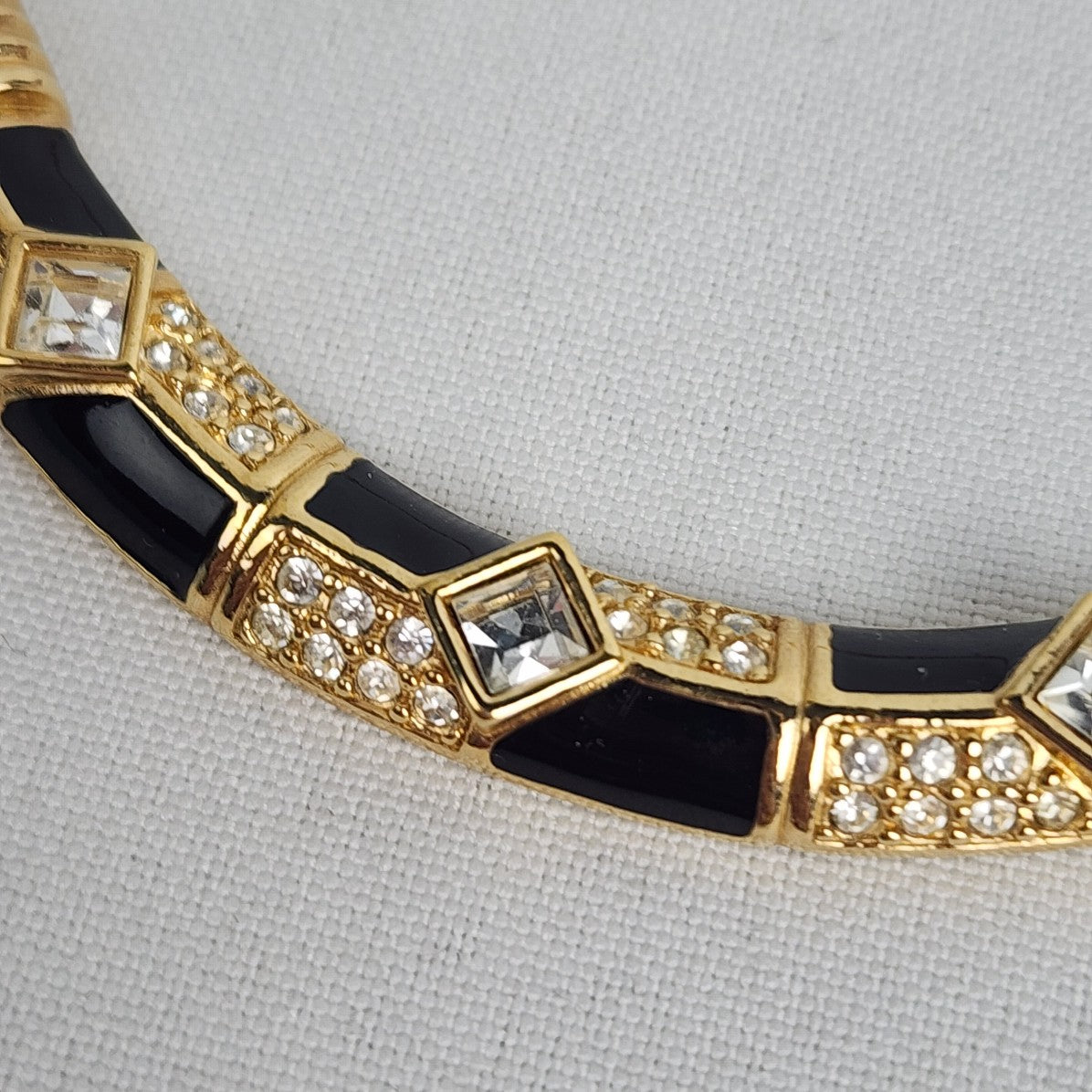 Vintage 80s Swarovski Gold Tone Black Enamel & Crystal Necklace