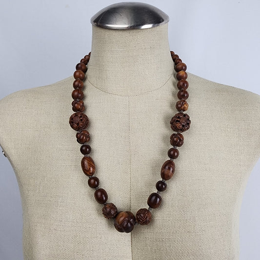 Vintage Carved Wood Beaded Necklace